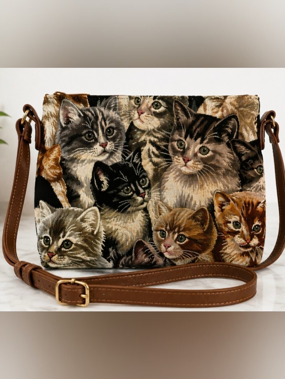 Sainty Cat Kitten Tapestry Crossbody Purse Brown Adjustable Strap